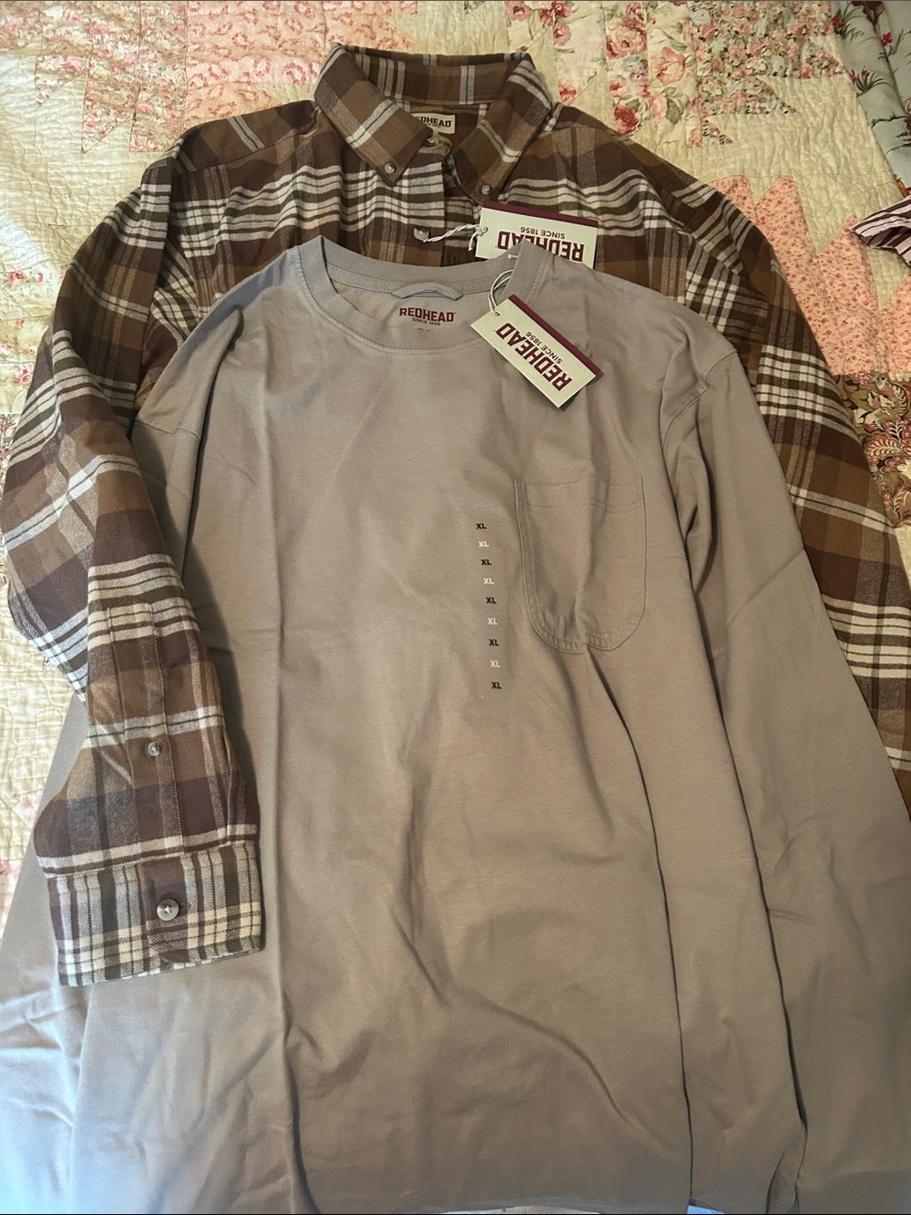 RedHead Men's Long Sleeve Crewneck Shirt and Brown Plaid Button-Down Bundle